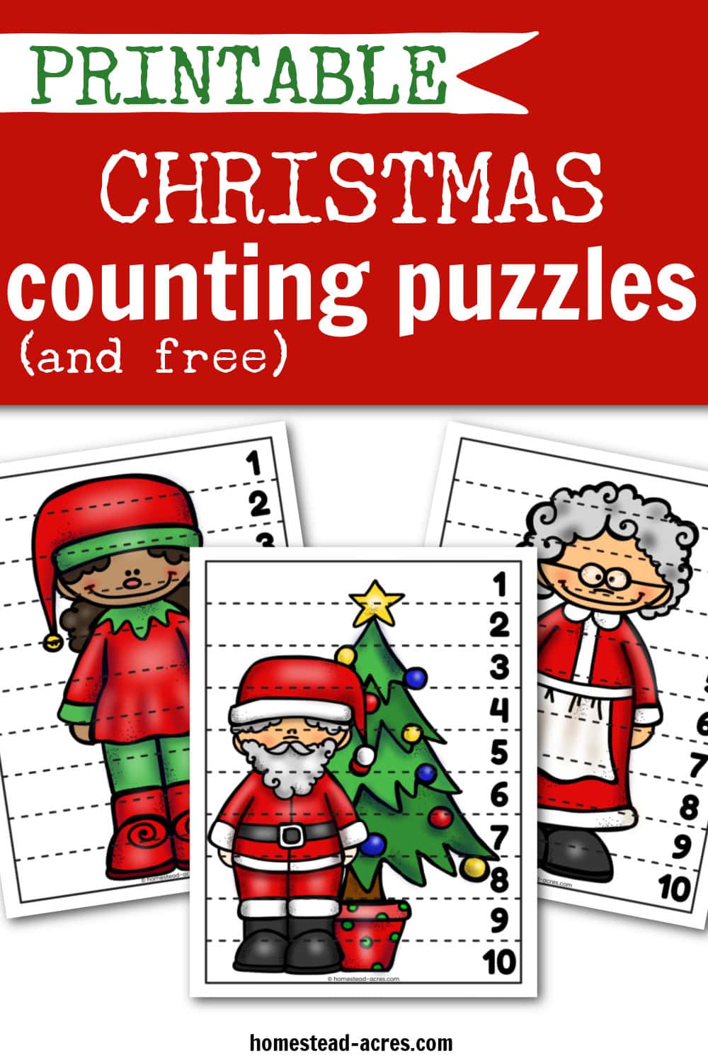 Santa, Mrs Claus, and elf counting puzzles overlaid text says Printable Christmas Counting Puzzles.