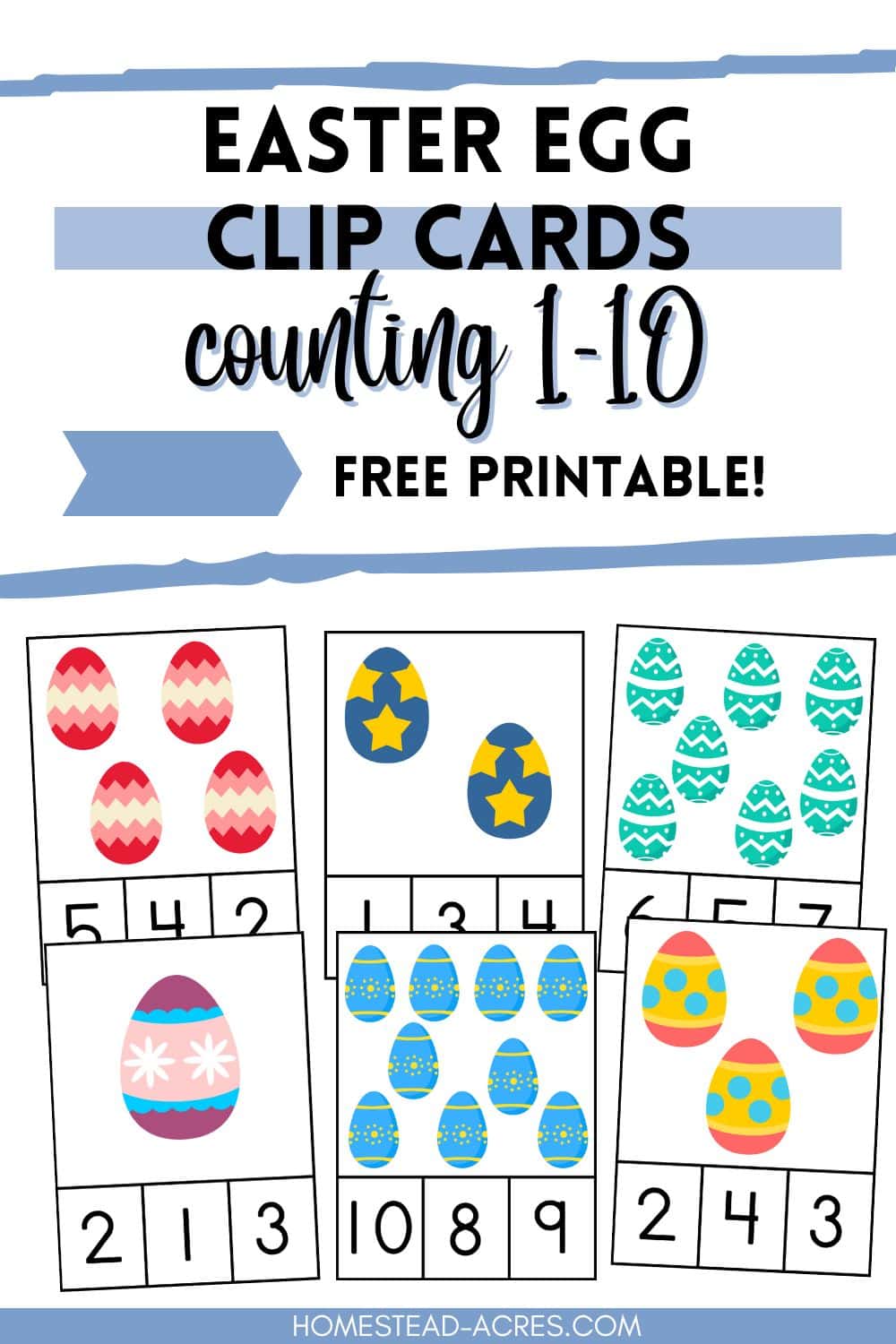 Sample images of Easter egg math cards. The text overlay says Easter Egg Clip Cards Counting 1-10 Free Printable.