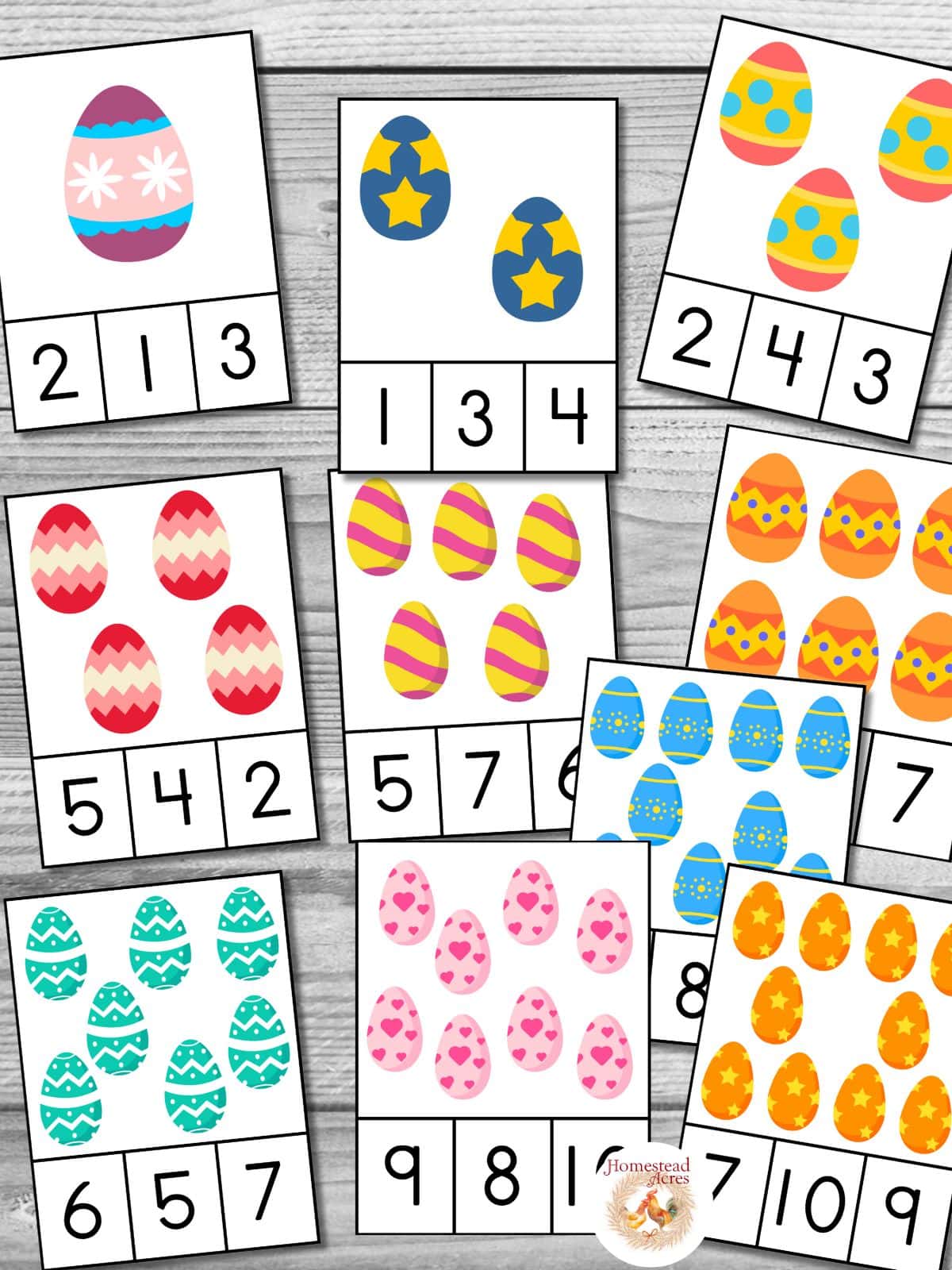 10 Easter egg math clip cards on a wooden background.
