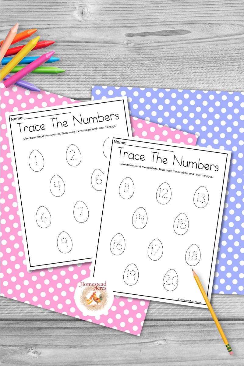 2 Trace the numbers worksheets with Easter egg numbers on a background of dotted paper and wood.