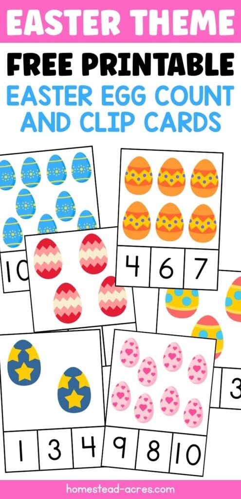 A collage of colorful Easter egg counting cards. The text overlay says Easter Theme Free Printable Easter Egg Count And Clip Cards.