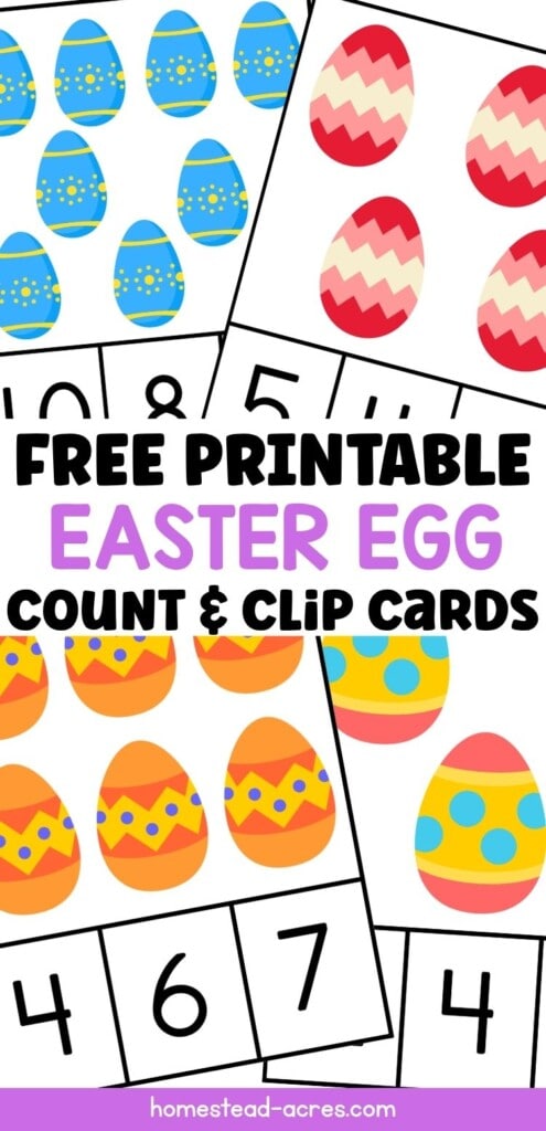 Four sample cards for Easter math counting. The text overlay says Free Printable Easter Egg Count And Clip Cards.