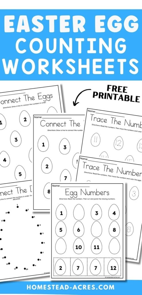 A collage of sample math worksheets for Easter. The text overlay says Easter Egg Counting Worksheets Free Printable.