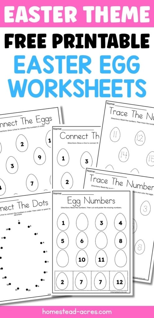 A collage of Easter egg themed math worksheets for preschoolers. The text overlay says Easter Theme Free Printable Easter Egg Worksheets.