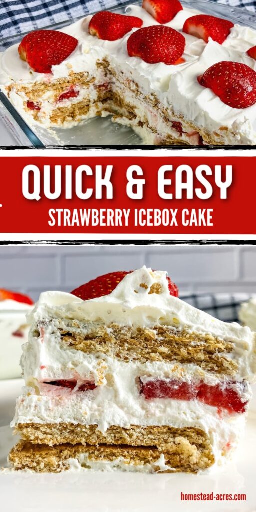 Collage image, top is a pan of strawberry cake with slices removed showing layers of whipped topping, graham crackers, and strawberries. Bottom is a slice of cake on a white plate. Text overlay says Quick & Easy Strawberry Icebox Cake.