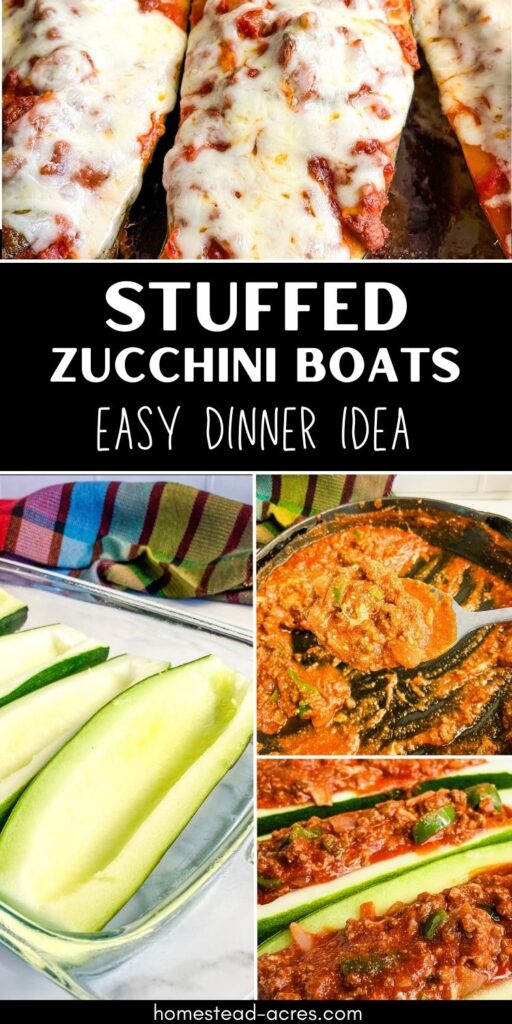 Collage image, the top is baked stuffed zucchini, bottom left is raw hollowed zucchini halves, bottom right is a pan of meat sauce and stuffed zucchini. The text overlay says Stuffed Zucchini Boats Easy Dinner Idea.