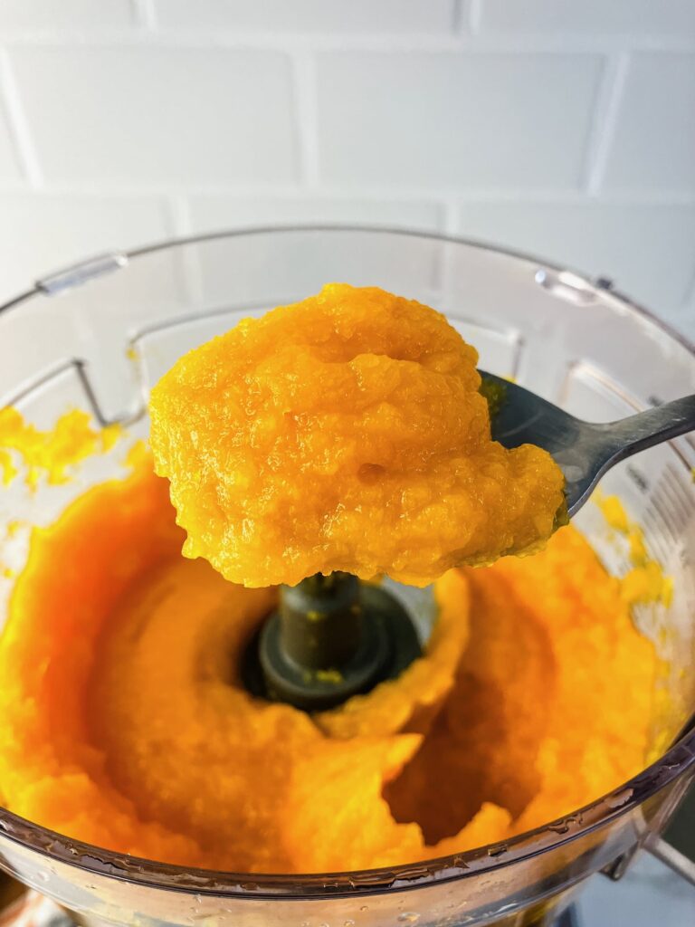 Holding up a spoonful of homemade pumpkin puree over a food processor.