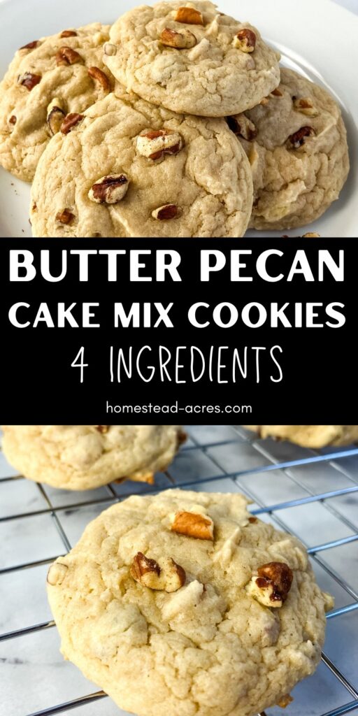 Collage image, top a plate of cookies, bottom a cookie on a cooling rack. Text overlay says Butter Pecan Cake Mix Cookies 4 Ingredients.