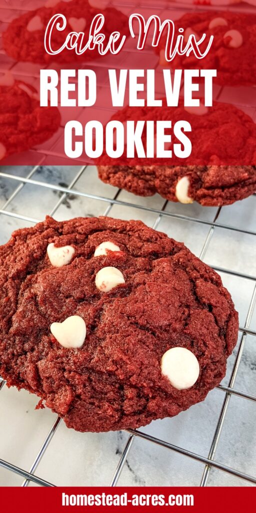 A red cookie with white chocolate chips on a wire cooling rack. Text overlay says Cake Mix Red Velvet Cookies.