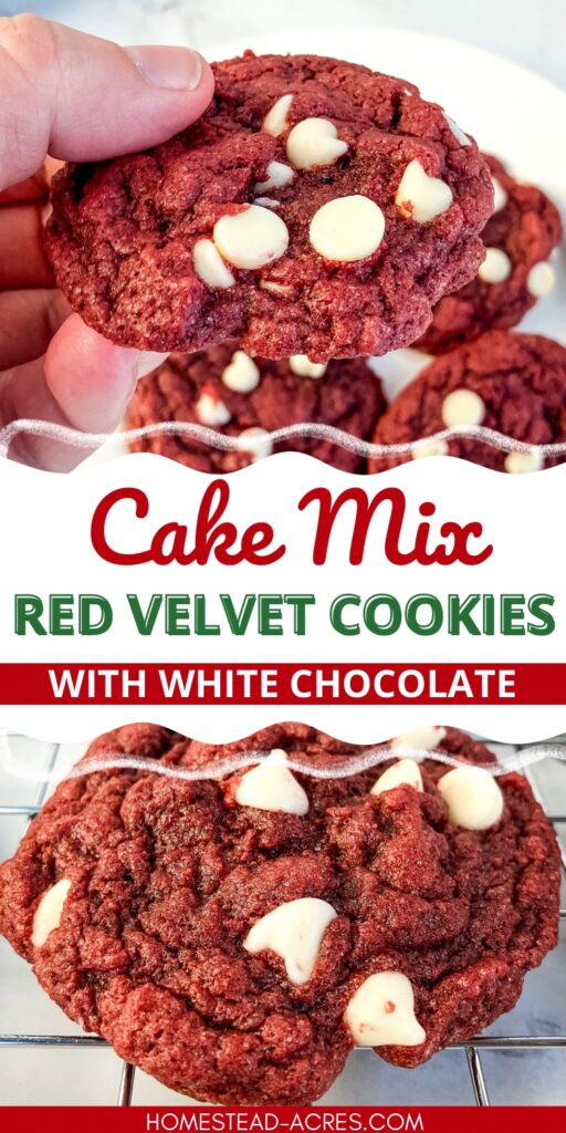 Collage image, top is a hand holding a cookie, bottom is a cookie on a wire cooling rack. Text overlay says Cake Mix Red Velvet Cookies With White Chocolate.