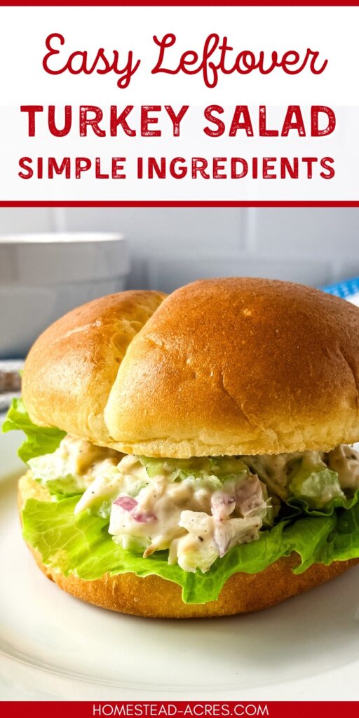 Homemade turkey salad sandwich. Text overlay says Easy Leftover Turkey Salad Simple Ingredients.