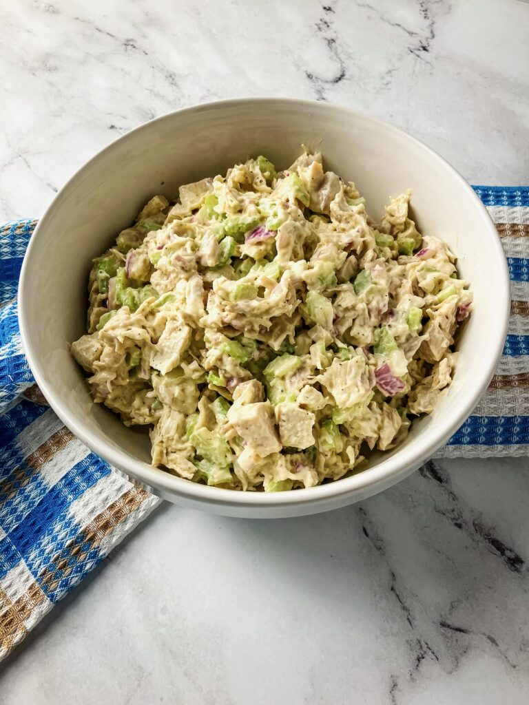 A bowl of homemade turkey salad.