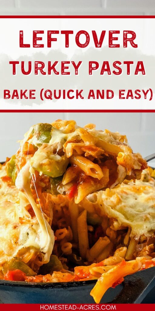 A spoon holding up turkey pasta bake over the skillet. Text overlay says Leftover Turkey Pasta Bake Quick and Easy.