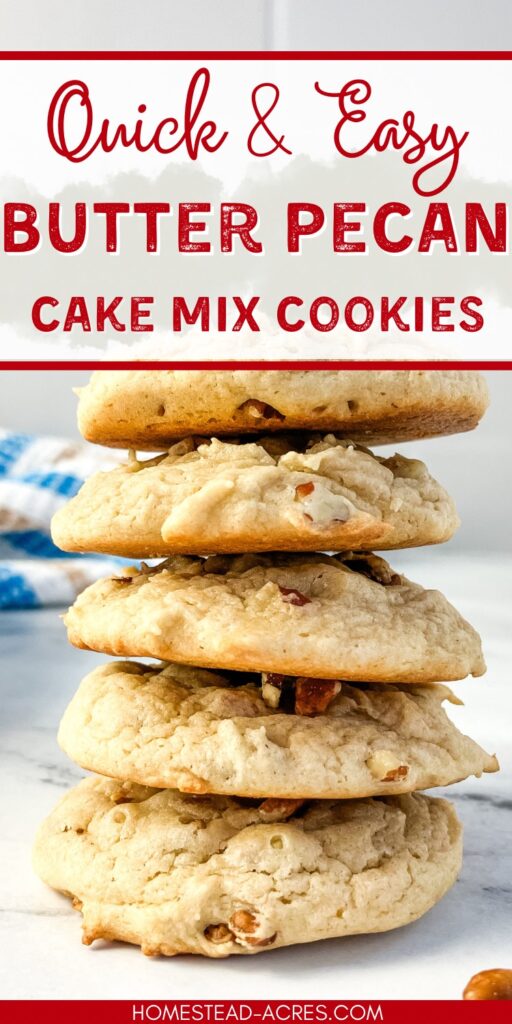 A stack of cookies on a marble counter. Text overlay says Quick & Easy Butter Pecan Cake Mix Cookies.