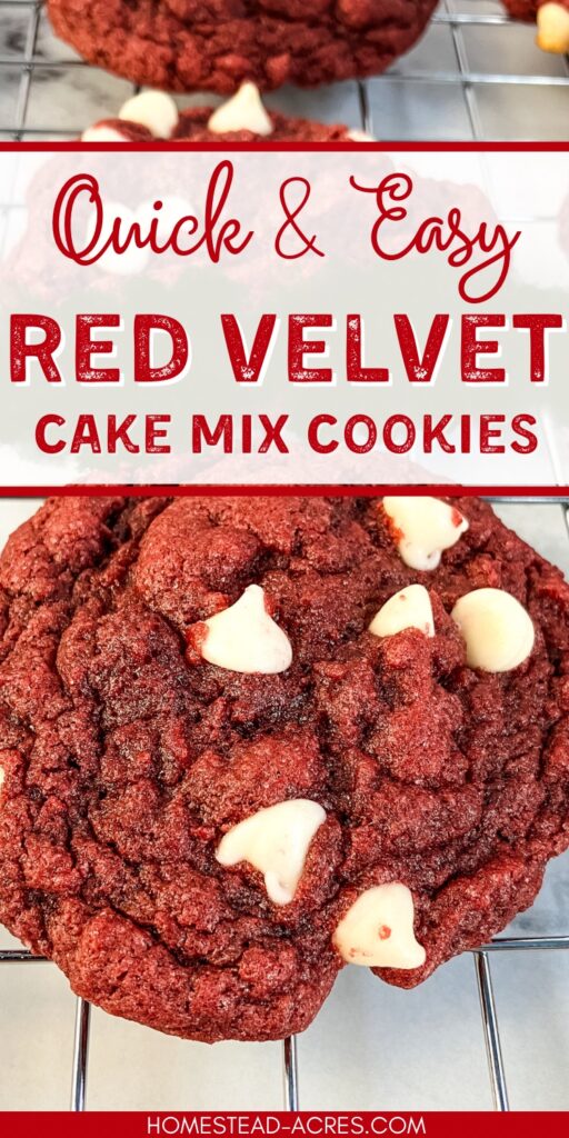 Red cookie with white chocolate chips on a wire rack. Text overlay says Quick & Easy Red Velvet Cake Mix Cookies.