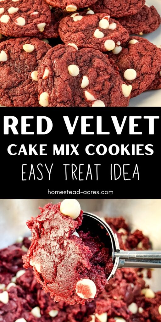 Collage image, top is a plate of red velvet cookies, bottom is a cookie scoop of dough. Text overlay says Red Velvet Cake Mix Cookies Easy Treat Idea.