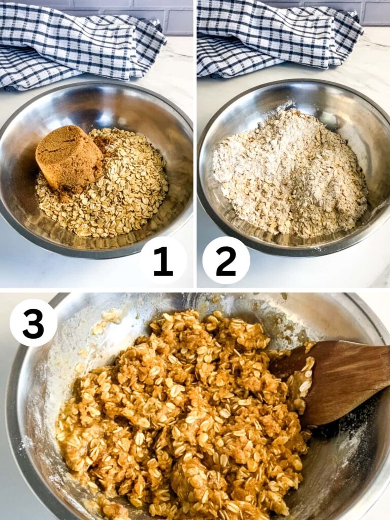 Collage image, 1 flour, oatmeal, and brown sugar in a bowl. Image 2 dry ingredients mixed together, image 3 melted butter added and mixed in.