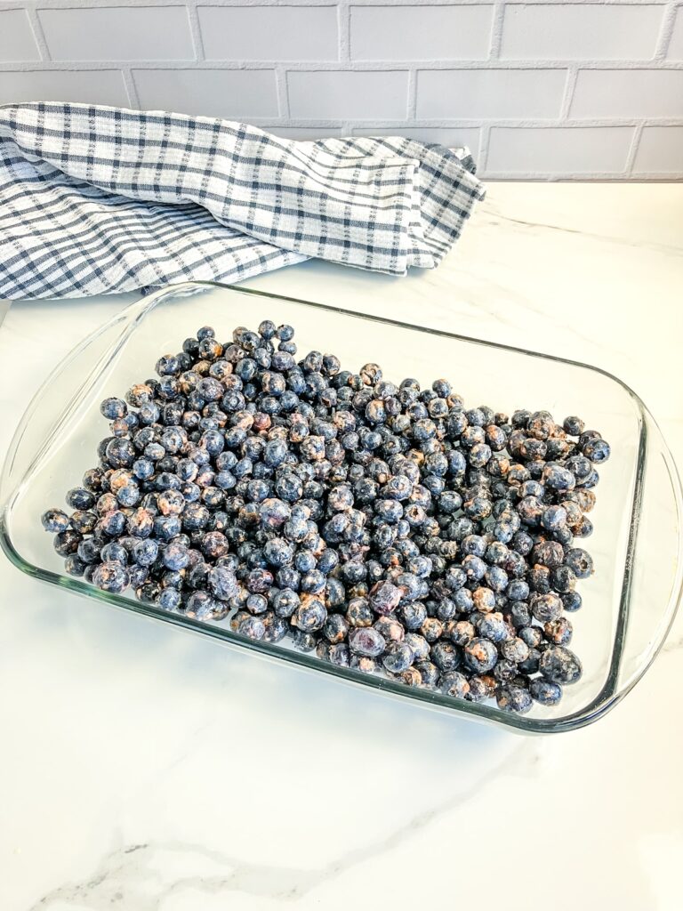 Blueberry filling in a baking dish.