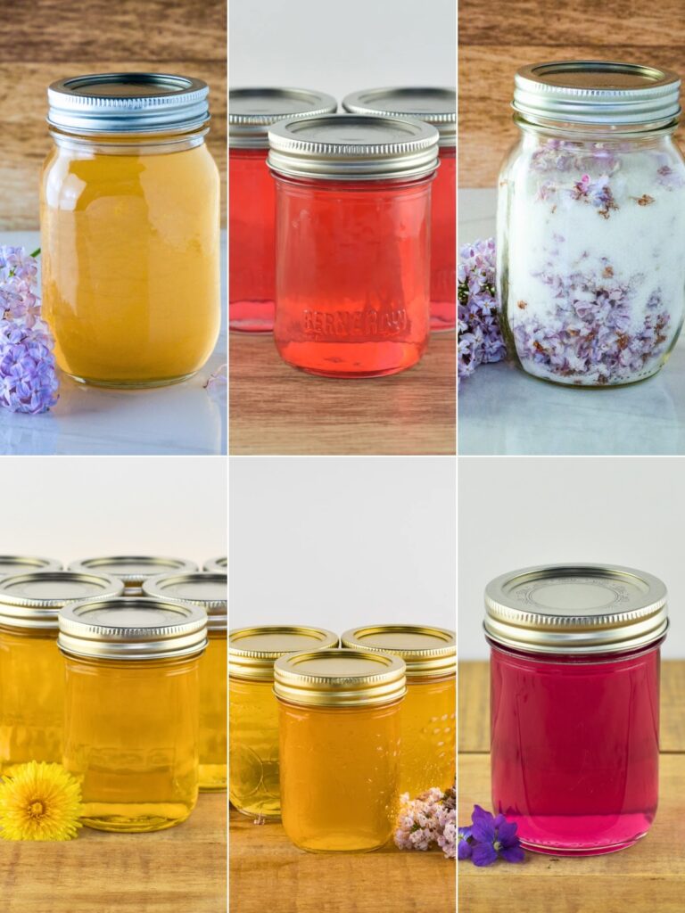 Collage image showing jars of lilac sugar, dandelion jelly, peony jelly, violet jelly, and lilac syrup.
