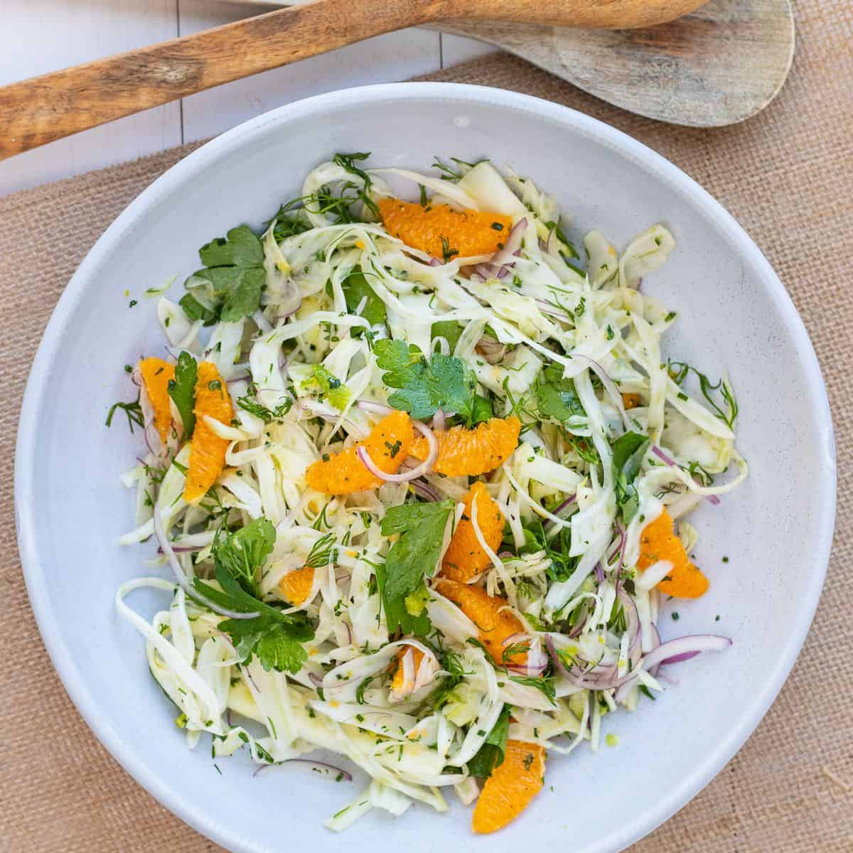 A white serving bowl filled with orange and fennel salad.
