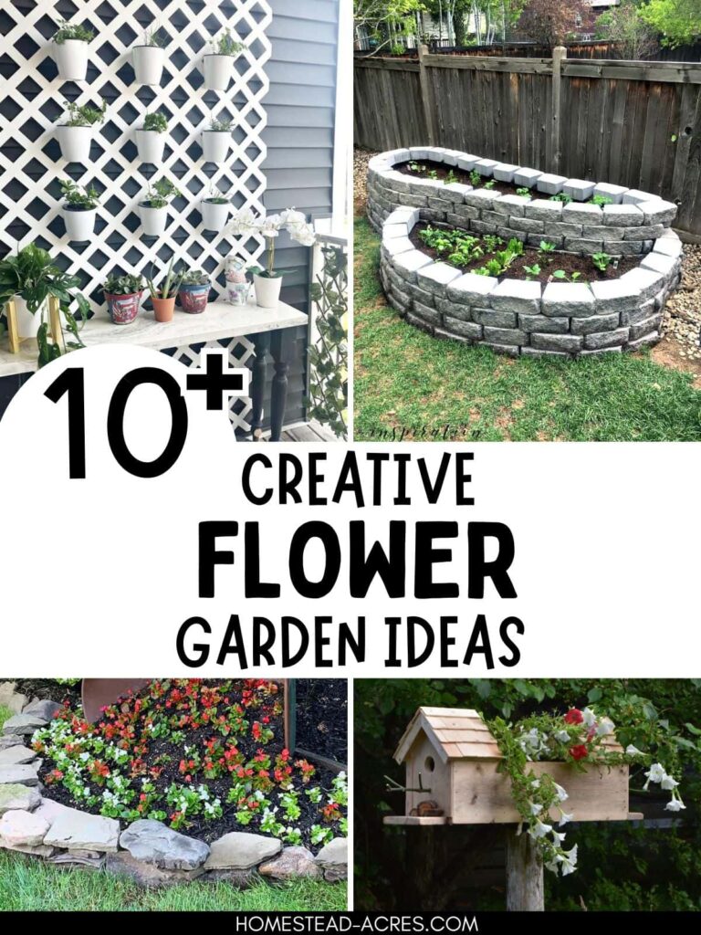 Collage image of flower gardens. Text overlay says 10+ Creative Flower Garden Ideas.