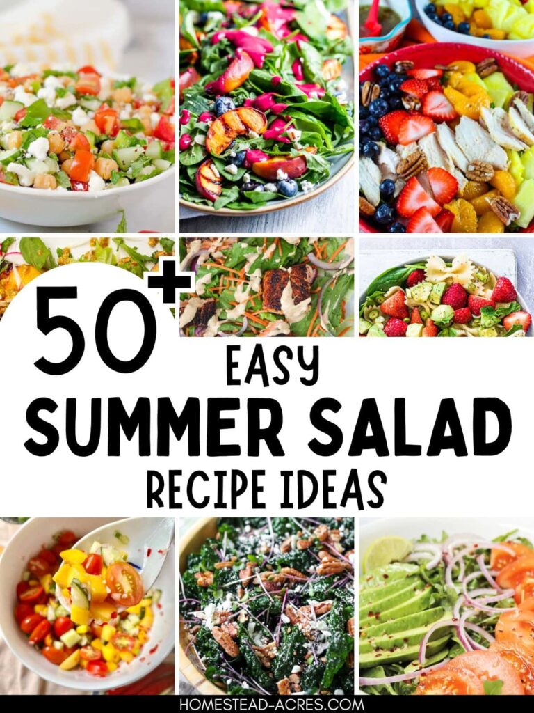 Collage image of vegetable and fruit salads. Text overlay says 50+ Easy Summer Salad Recipe Ideas.