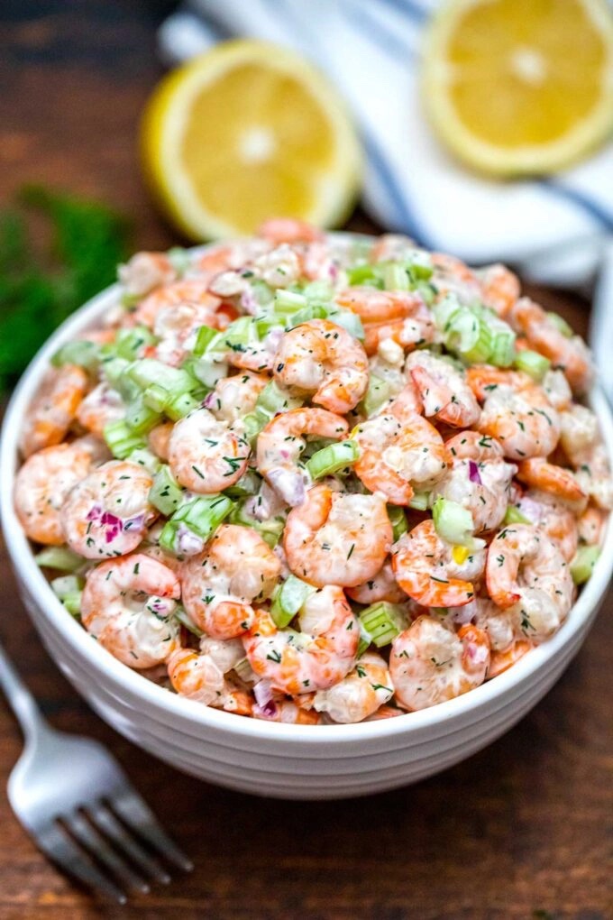A bowl filled with homemade shrimp salad.