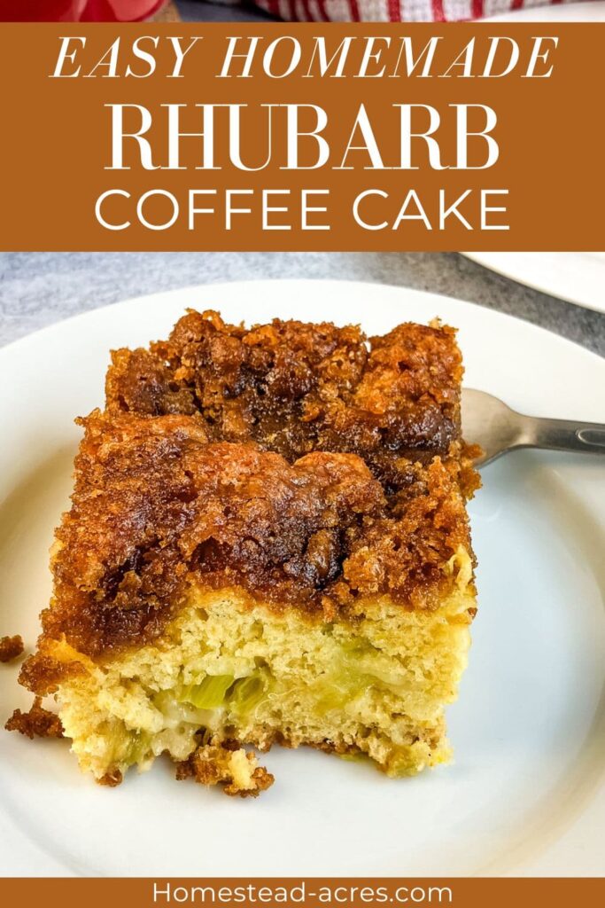 Slice of cake on a white plate. Text overlay says Easy Homemade Rhubarb Coffee Cake.