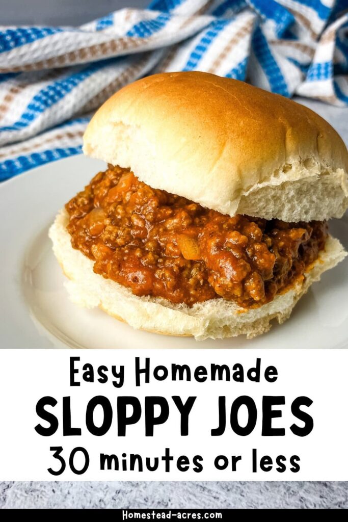 Sloppy joe sandwich on a bun. Text overlay says Easy Homemade Sloppy Joes 30 Minutes Or Less.