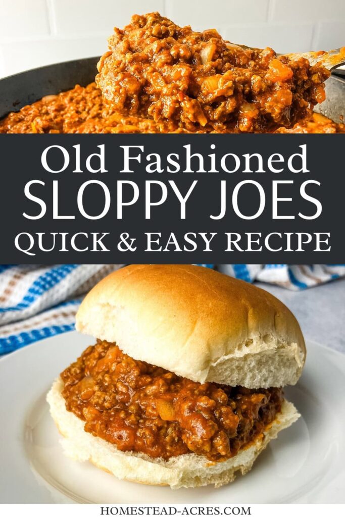 Collage image, top a large spoonful of sloppy joe meat sauce bottom is sloppy joe on a bun. Text overlay says Old Fashioned Sloppy Joes Quick And Easy Recipe.