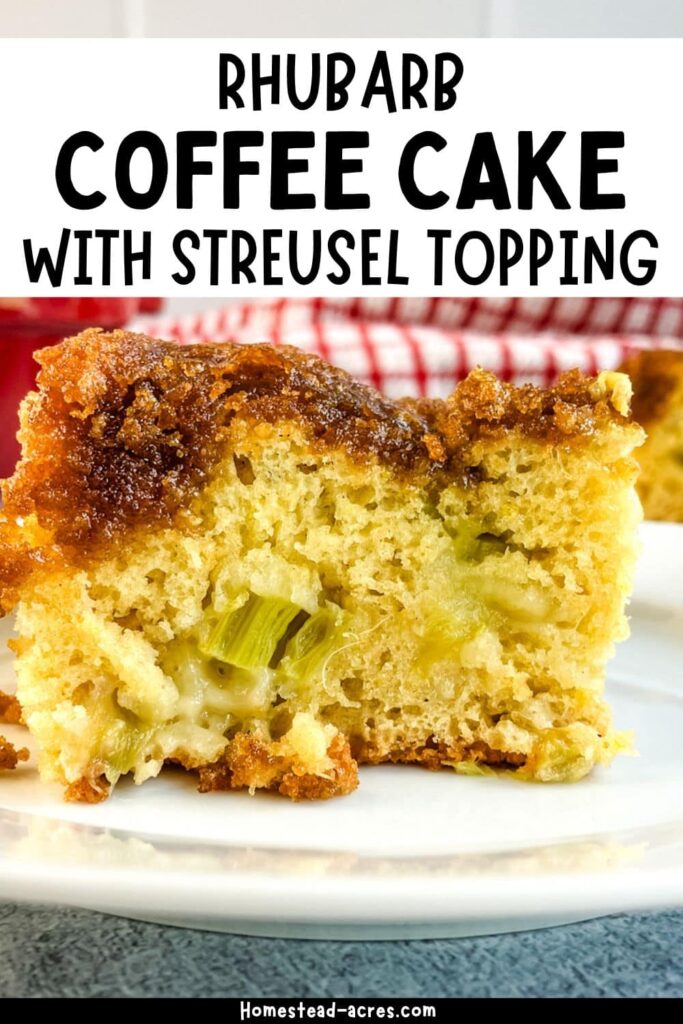 Slice of rhubarb cake on a white plate. Text overlay says Rhubarb Coffee Cake With Streusel Topping.