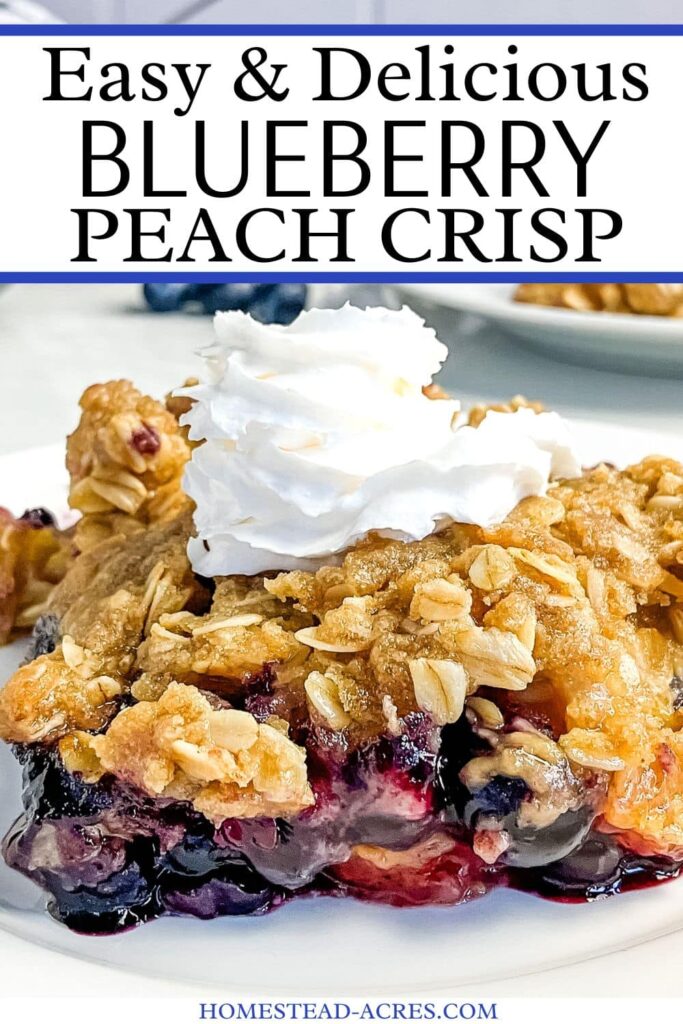 A slice of homemade peach blueberry crisp with whipped cream on top on a white plate. Text overlay says Easy & Delicious Blueberry Peach Crisp.