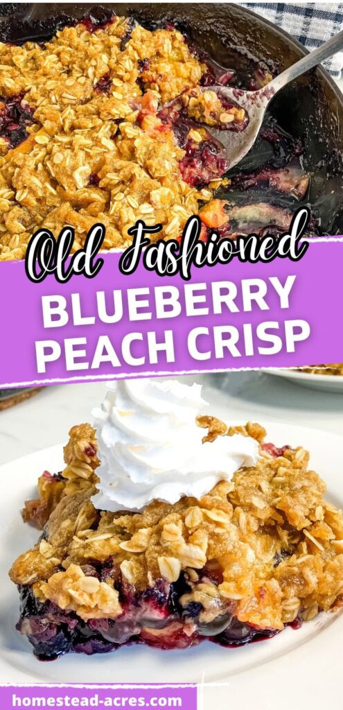 Collage image, top is a cast iron skillet filled with blueberry peach crisp and a serving spoon. Bottom is a plate of the crisp with whipped cream on top. Text overlay says Old Fashioned Blueberry Peach Crisp.