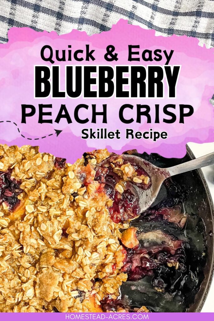 Cast iron skillet filled with homemade blueberry peach crisp some servings have been removed and a serving spoon is laying in the pan. Text overlay says Quick & Easy Blueberry Peach Crisp Skillet Recipe.