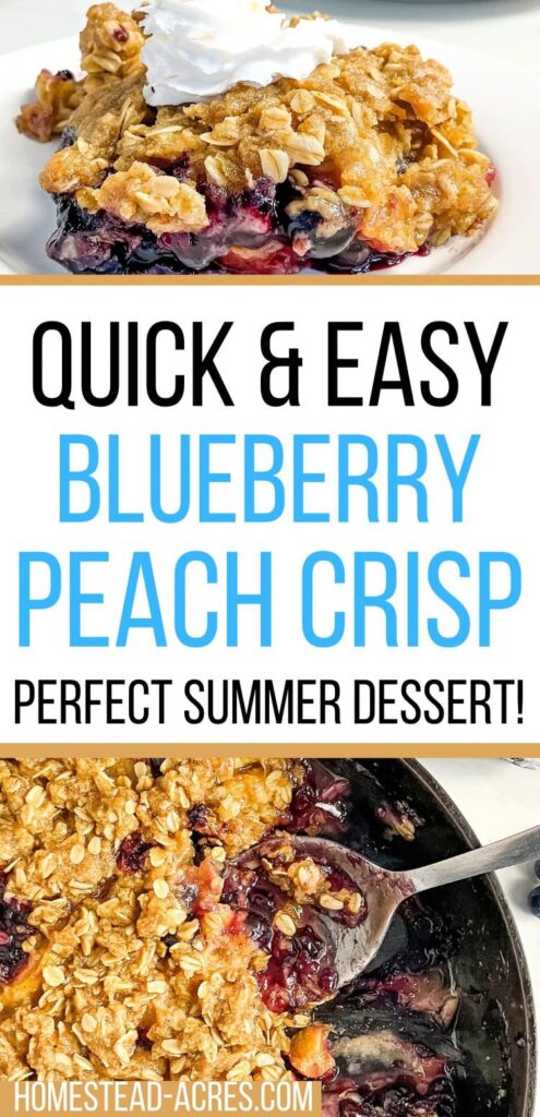 Collage image, top is a plate with blueberry peach crisp and whipped cream on top, bottom is a skillet of crisp. Text overlay says Quick & Easy Blueberry Peach Crisp Perfect Summer Dessert!