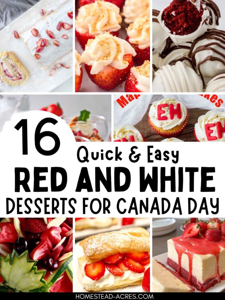 Collage image of desserts. Text overlay says 16 Quick & Easy Red And White Desserts For Canada Day.