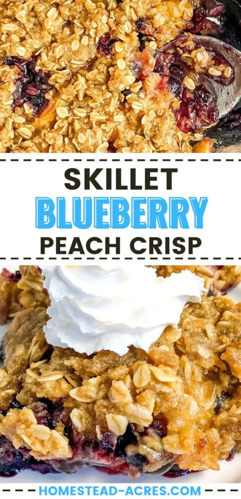 Collage image, top is a close up of blueberry peach crisp in a skillet with a serving spoon, bottom is some on a plate with whipped cream on top. Text overlay says Skillet Blueberry Peach Crisp.
