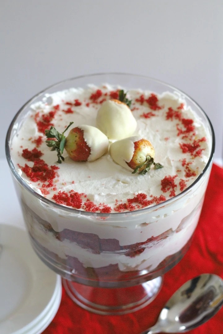 Red velvet cheesecake trifle in a large serving bowl.