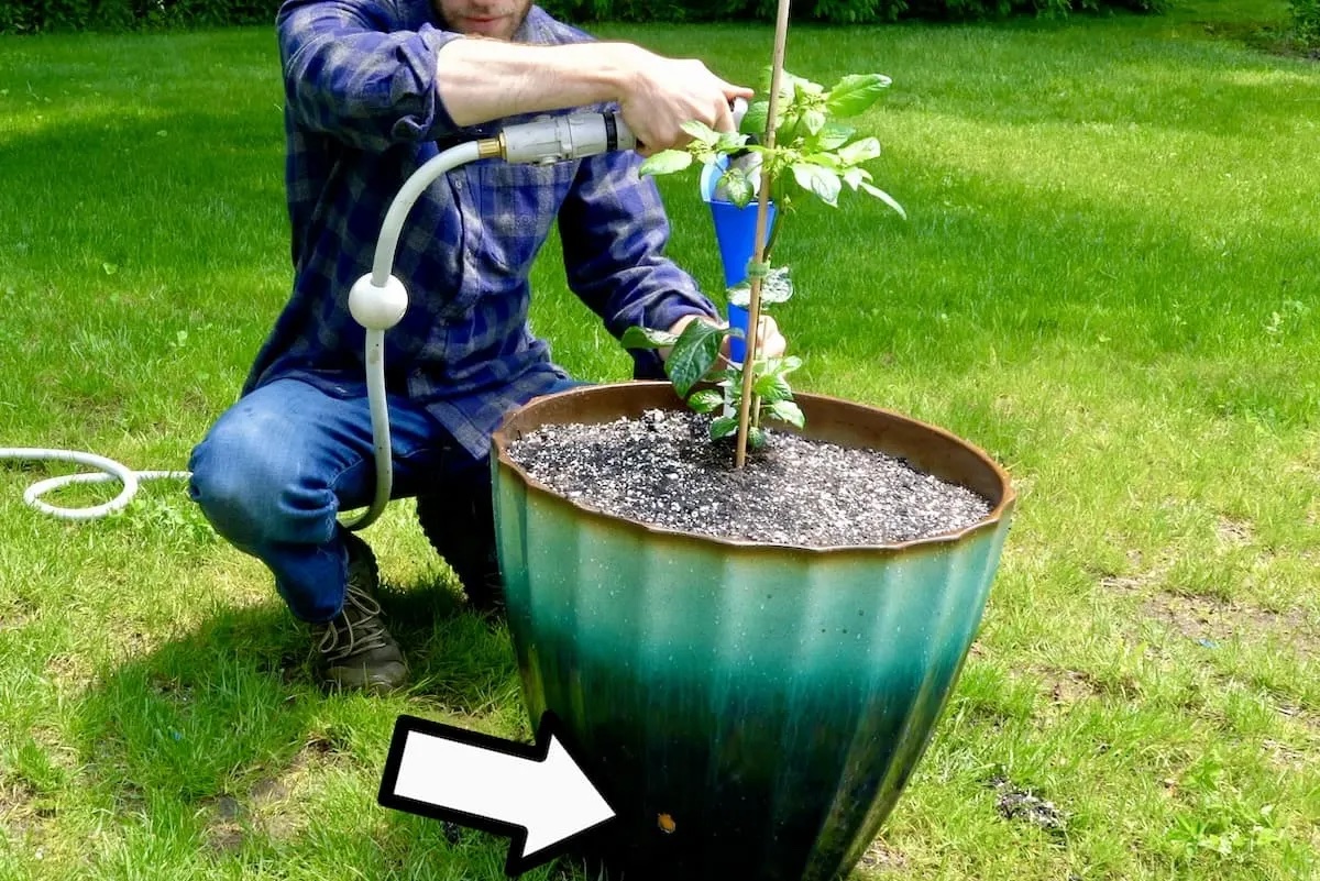 A man kneeling next to a planter and filling it with water.