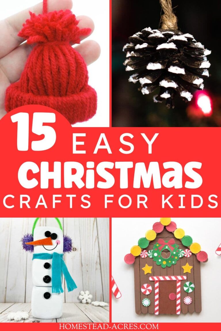 A collage showing a mini yarn hat, pinecone ornament, snowman and gingerbread ornaments. The text overlay says 15 Easy Christmas Crafts For Kids.