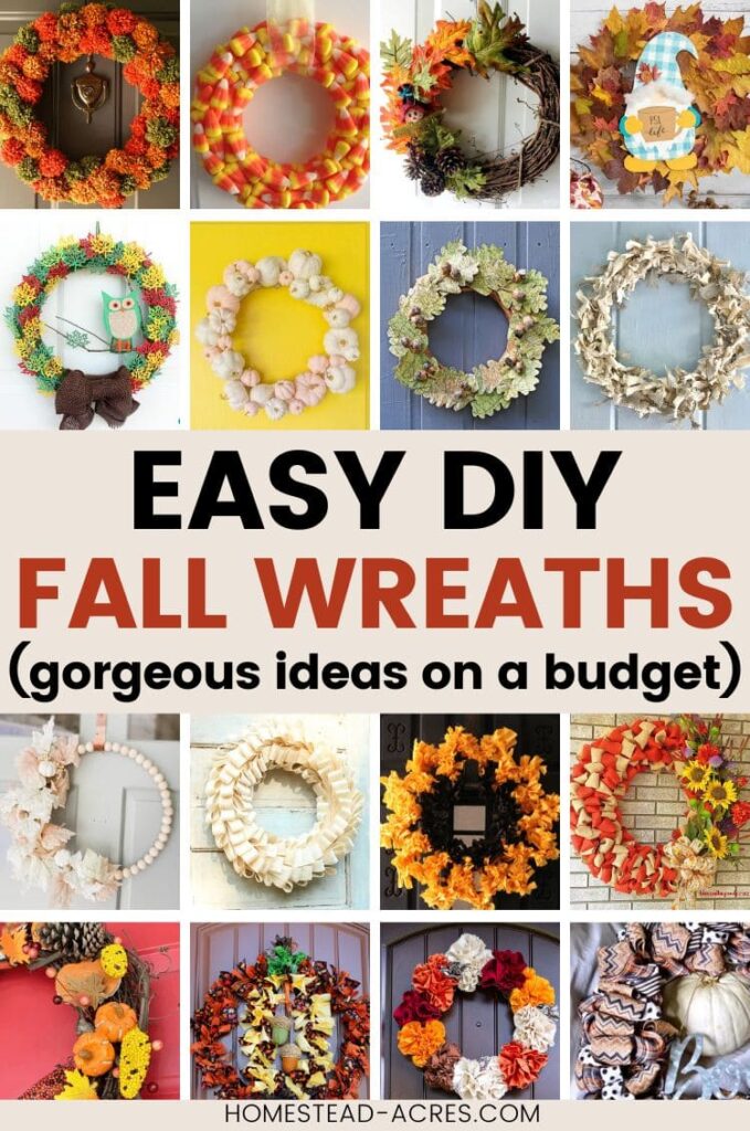 Collage image of 16 wreaths. Text overlay says Easy DIY Fall Wreaths. Gorgeous ideas on a budget.