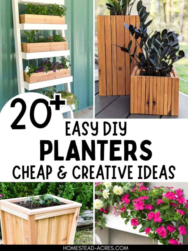 Collage image of planter boxes, vertical planter, and flower planter. Text overlay says 20+ Easy DIY Planters Cheap & Creative Ideas.