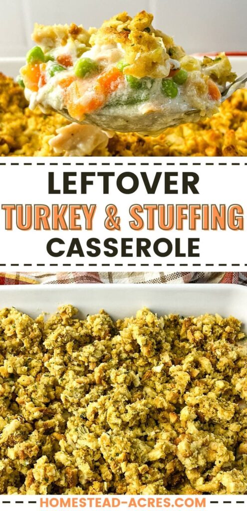 Collage image, top a serving spoon of turkey and stuffing casserole, bottom stuffing spread over top of the filling. Text overlay says Leftover Turkey And Stuffing Casserole.