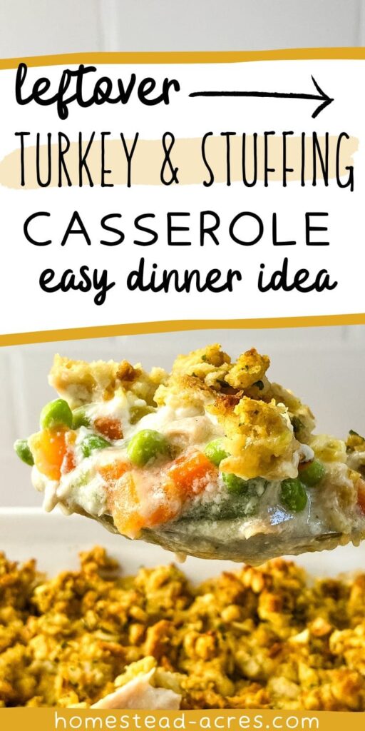 A big spoonful of turkey casserole. Text overlay says Leftover Turkey And Stuffing Casserole Easy Dinner Idea.