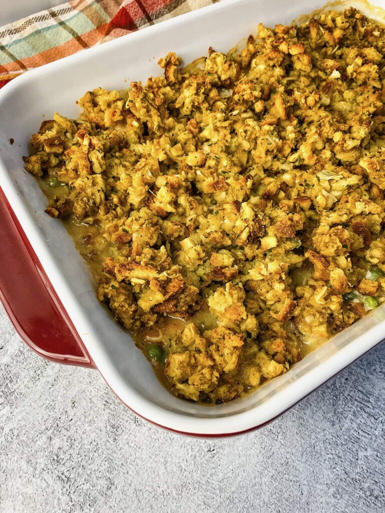 Turkey and stuffing casserole in a casserole dish.