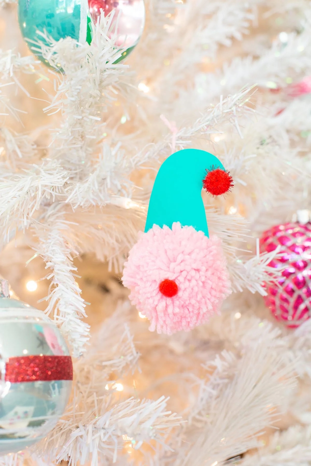 Cute Christmas tree ornament made from a pom pom.