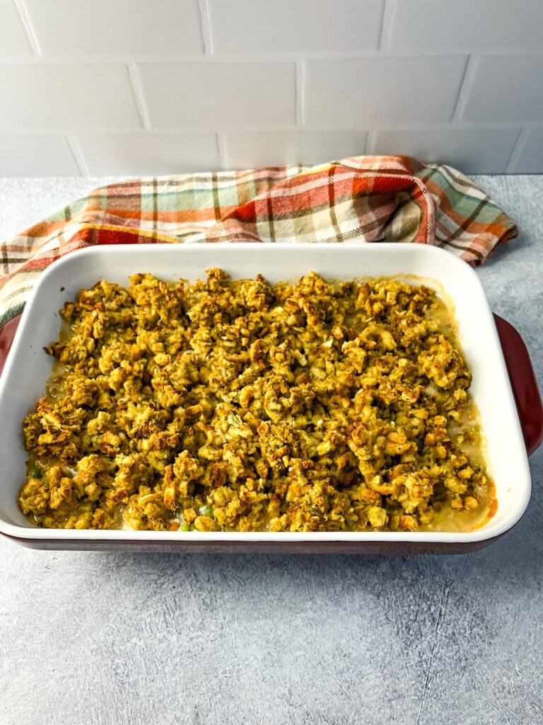 Turkey and stuffing casserole warm from the oven.