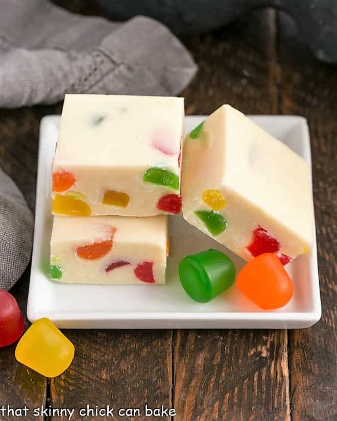White chocolate fudge with gumdrops.