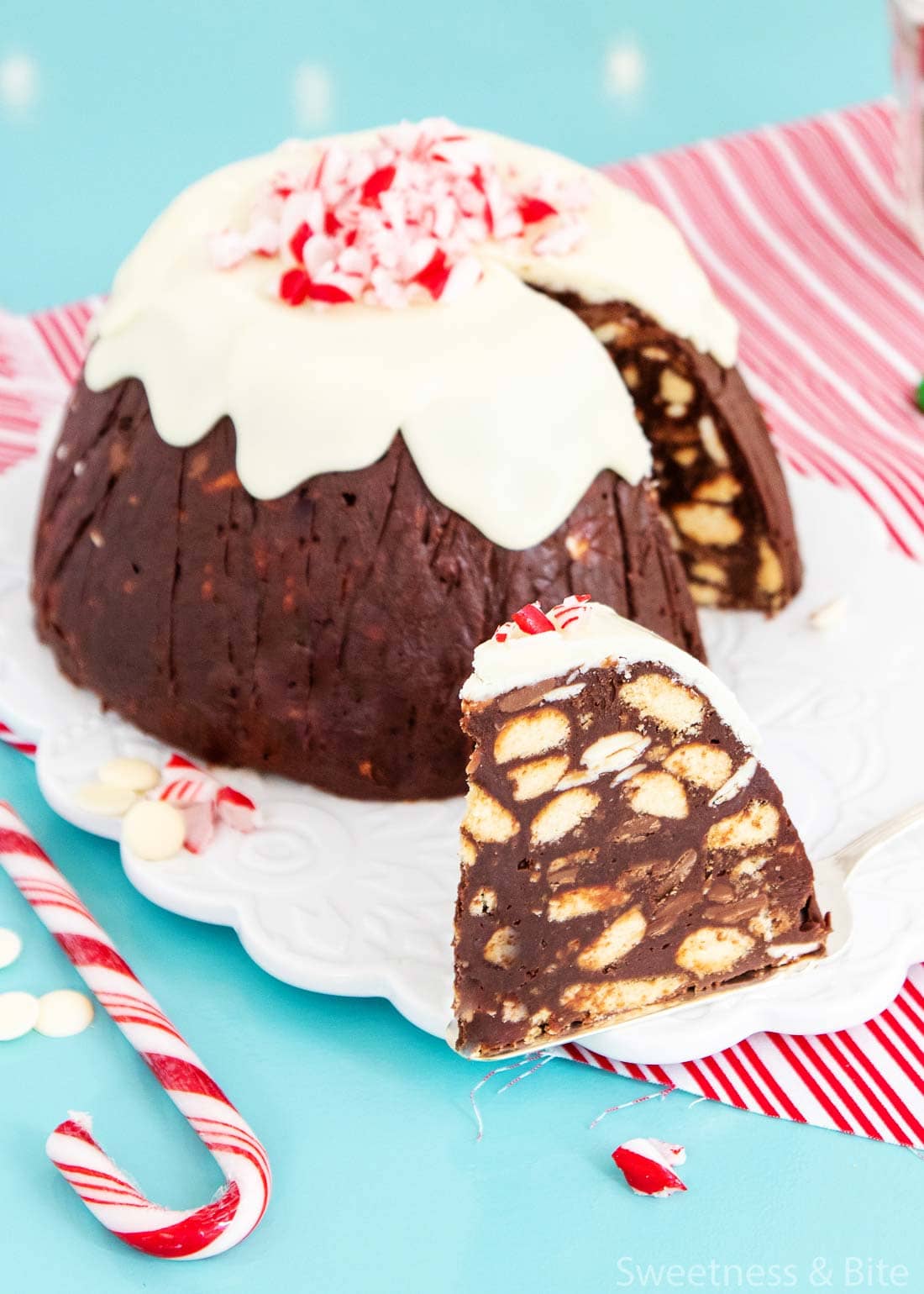 Chocolate peppermint fudge pudding cake with a slice removed.