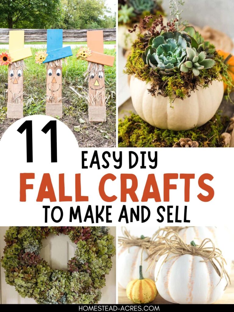 Collage image of fall craft ideas. Text overlay says 11 Easy DIY Fall Crafts To Make And Sell.